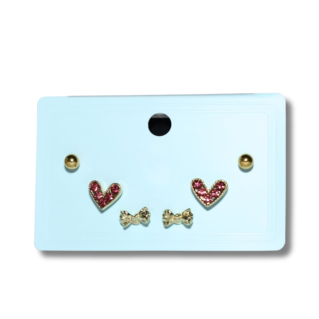 Red Heart & Gold Bow Stud Set