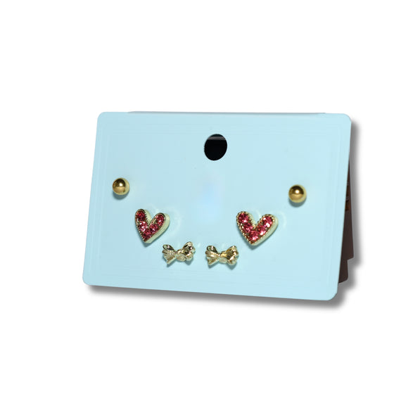 Red Heart & Gold Bow Stud Set