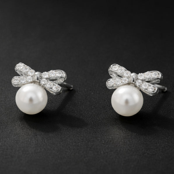 Pearl Bow Sparkle Stud