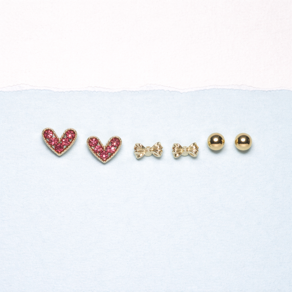 Red Heart & Gold Bow Stud Set