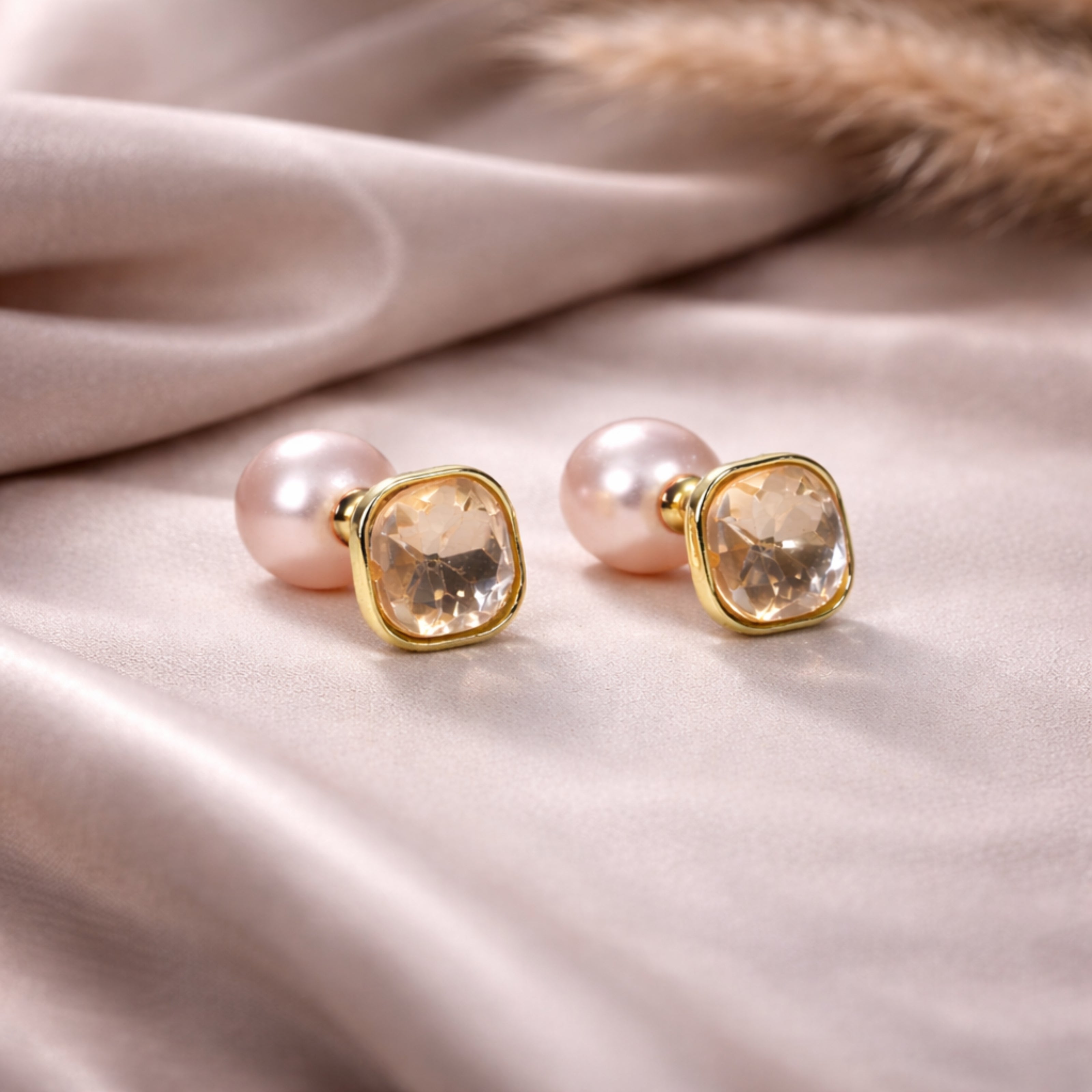 Pearl & Gold Stone Cushion Stud