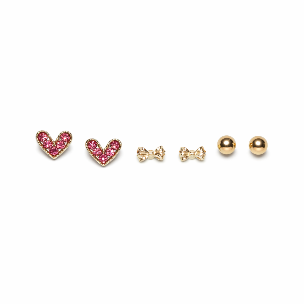 Red Heart & Gold Bow Stud Set